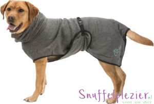 Badjas voor honden. Hier een labrador afgebeeld met badjas.